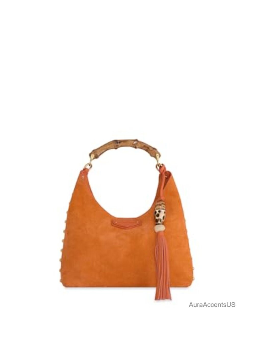 Suede Top Handle Satchel Bag with Bamboo Handle, Tassel Charm